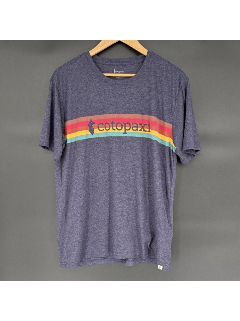 Cotopaxi Rainbow Stripe Logo T-Shirt Mens L Blue Outdoor Organic Cotton Blend